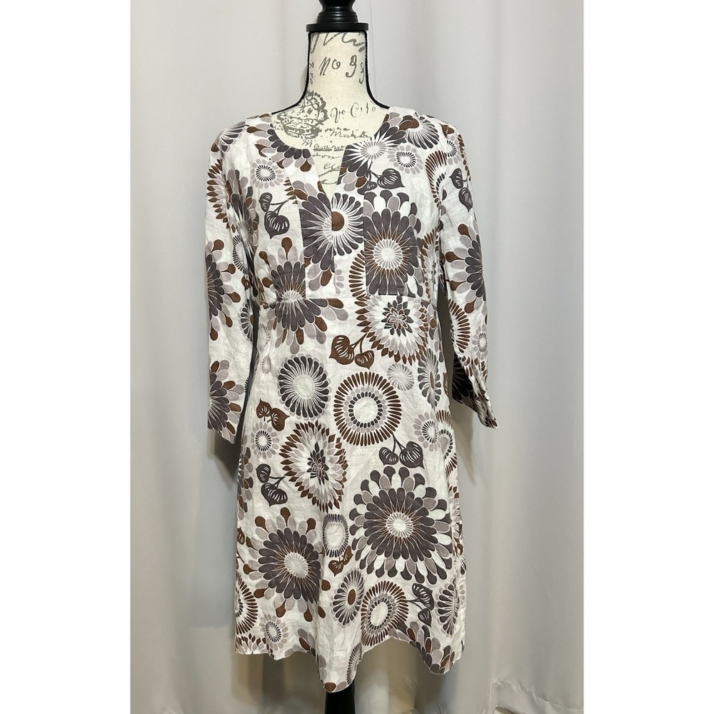 Boden Linen Floral 3/4 Sleeve Midi Dress Cottage Boho Career Party